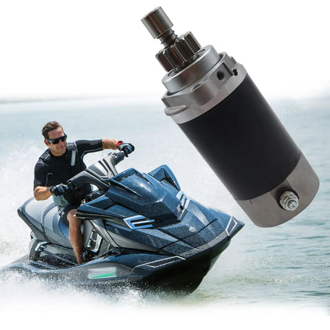 Starter Motor For Yamaha Outboard Engines 30HP 40HP 50HP, OEM Replacement, durable and easy install, shown with marine vehicle
