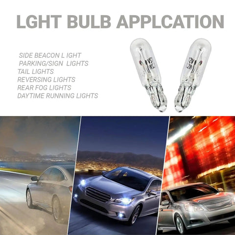 10 Pack T5 Car Wedge Light 12V 1.2W Mini Dashboard Bulbs with application examples in cars on the road, includes waterproof glass feature