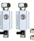 Two Pack Three Quarter Inch Compressed Air Outlet Kit With One Half Inch NPT Ports Aluminum Manifold Includes Straight Fittings And Brass Valves Perfect For Three Quarter Inch Air Piping Systems, showing aluminum blocks and brass valves.