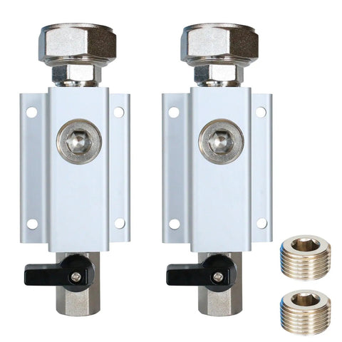 Two Pack Three Quarter Inch Compressed Air Outlet Kit With One Half Inch NPT Ports Aluminum Manifold Includes Straight Fittings And Brass Valves Perfect For Three Quarter Inch Air Piping Systems, showing aluminum blocks and brass valves.