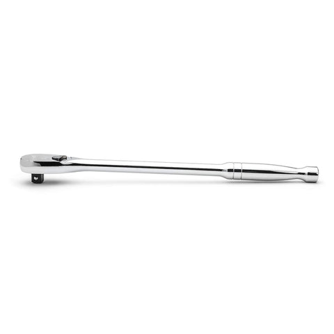 Side view of Half Inch Drive 84 Tooth Teardrop Ratchet With 15 Inch Long Handle, Flush On Off Switch, Enclosed Head, Chrome Finish