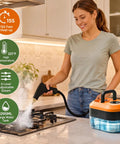 Jarguuo 1500W Handheld Steam Cleaner Boasts Rapid 15 Second Heat Up With 221 Degree High Temp Steam For Effortless Grease Removal Featuring Six Adjustable Settings And Etl Approval Making It The Ultimate Tough On Mess Cleaning Companion For Busy Homes in use on kitchen stove.