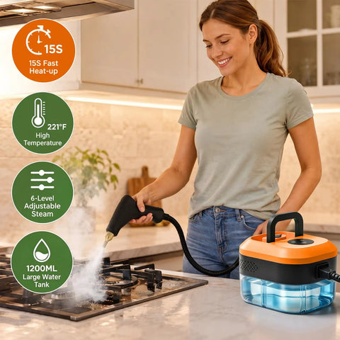 Jarguuo 1500W Handheld Steam Cleaner Boasts Rapid 15 Second Heat Up With 221 Degree High Temp Steam For Effortless Grease Removal Featuring Six Adjustable Settings And Etl Approval Making It The Ultimate Tough On Mess Cleaning Companion For Busy Homes in use on kitchen stove.