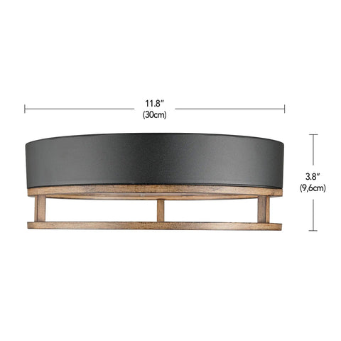 One Light Integrated LED Flush Mount Ceiling Light For Indoor And Outdoor Use, Matte Black Finish, Faux Wood Accent, Side View