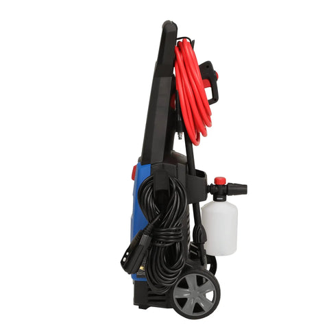 Electric Pressure Washer 1700 PSI 1.7 GPM With 11 Amp Motor, Foam Cannon, side view, coiled red hose, mounted on compact trolley