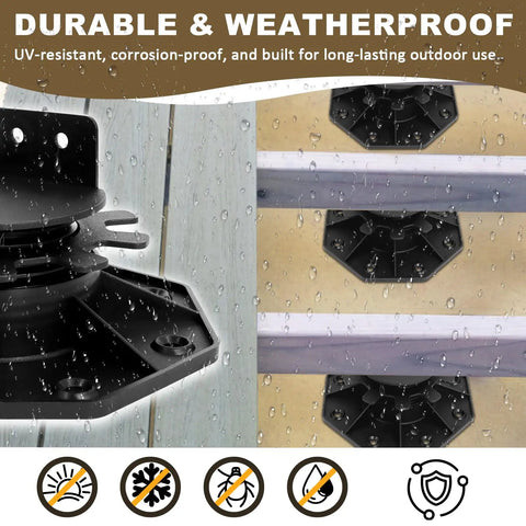 Adjustable Deck Support Pedestal Kit With Leveling Blocks And Screws, Weatherproof plastic pedestals with raindrops