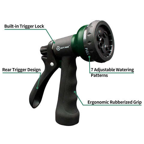Durable ABS Garden Hose Nozzle With Seven Adjustable Sprays featuring ergonomic grip and built-in trigger lock