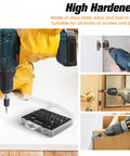 Set of 22 damaged screw extractor, HSS steel bits, magnetic extension bit holder in use with drills for DIY repair