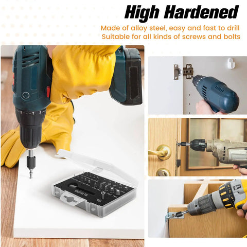 Set of 22 damaged screw extractor, HSS steel bits, magnetic extension bit holder in use with drills for DIY repair