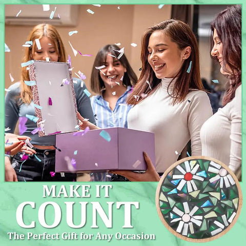 Celebratory scene with friends opening a gift box, highlighting the Three Styles DIY Mosaic Coaster Kit No Glue Needed for Adults and Beginners.