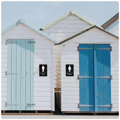 Beach huts with ADA Compliant Braille Restroom Sign For Business With Double Sided 3M Tape ABS Plastic 9 By 6 Inches Ideal For Offices And Restaurants Bathroom Signage With Raised Letters And Icons