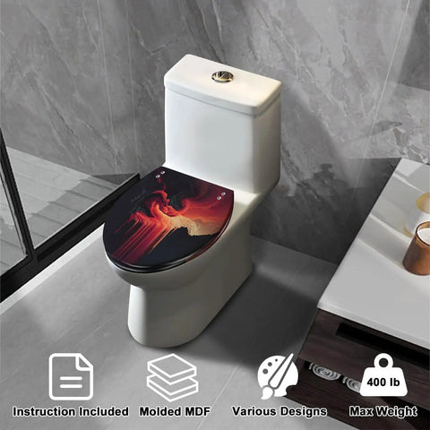 Elongated Slow Close Toilet Seat Replacement for Bathroom on a modern toilet with artistic design, made of molded MDF.