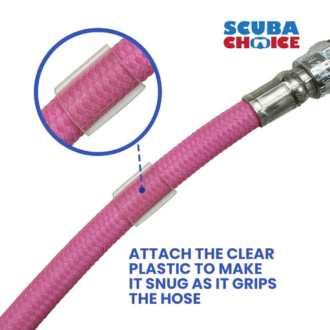 Pink scuba hose with clear plastic clip detail, shown with chrome connector at one end.