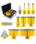 HIGHDRIL diamond drill bit kit in a metal case with yellow vacuum-brazed bits and 6–100 mm sizes.