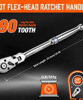 Beast Three Eighths Inch Drive Flex Head Ratchet With Ninety Tooth Gear shown with 90T flex-head and length details