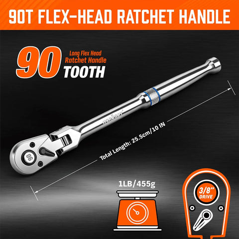 Beast Three Eighths Inch Drive Flex Head Ratchet With Ninety Tooth Gear shown with 90T flex-head and length details