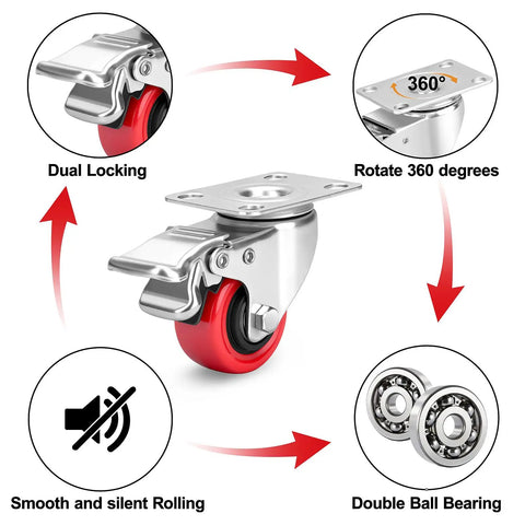 2 Inch Heavy Duty Swivel Caster Wheels Set Of 4 With 600 Lb Load Rating And Total Locking Brakes, featuring dual locking and 360-degree rotation.