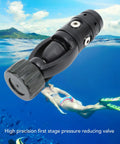 Go To Scuba Regulator For All Waters With First Stage Yoke System, aluminum alloy build shown underwater with diver