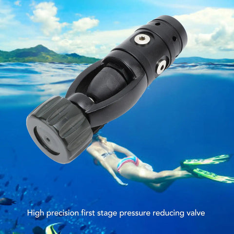Go To Scuba Regulator For All Waters With First Stage Yoke System, aluminum alloy build shown underwater with diver