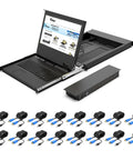 Slick One Rack Unit Kvm Console With 17.3 Inch Lcd Display And Integrated Us Keyboard Manage Sixteen Servers No Sweat Top Shelf Data Center Gear For Smooth Plug And Play Setup And Quick Roll Out showing open console and multiple HDMI cables.