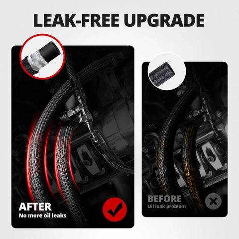 Leak-free upgrade with 6AN Braided Fuel Line Hose 20Ft Black With CPE Inner Layer And Nylon Sheath, before and after comparison