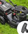Lawn mower with black engine and inset of hard plastic handle from 2 Pack Recoil Starter Rope And Handle Set For Gas Engines Replacement Pull Cord With Durable Nylon Rope And Hard Plastic Handle Fits Lawn Mower Chainsaw And Generator For Easy Start And Reliable Pull.