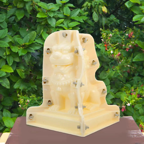 Roman Column Ball Mold For Concrete DIY Projects, Lightweight Durable Plastic, 12.20x8.66x8.66 Inch with Lion model in garden setting.
