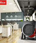 Heavy Duty Ceramic Drum Fan Heater Delivers Kickin Fast Heat With High Airflow And Dual Ptc Settings Plug In Room Warmer Built Tough For Tight Shops Or Big Workspaces Solid Red Finish in modern office setting.