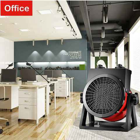 Badass Ceramic Drum Fan Heater With Hella Fast Airflow And Advanced Ptc Heating Tech Two Heat Settings in an office setting.
