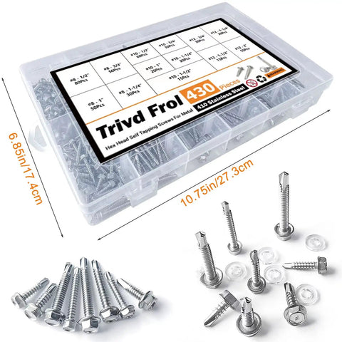 410 Stainless Steel TEK Self Tapping Screws Assortment For Metal Self Drilling Hex Head 430 Piece Pack visible in case
