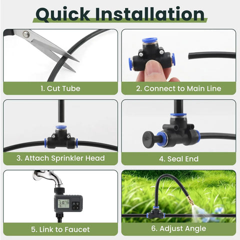 Installation steps of 100FT Automatic Drip Irrigation Kit With Water Timer And 360 Degree Bendable Copper Atomizing Nozzles