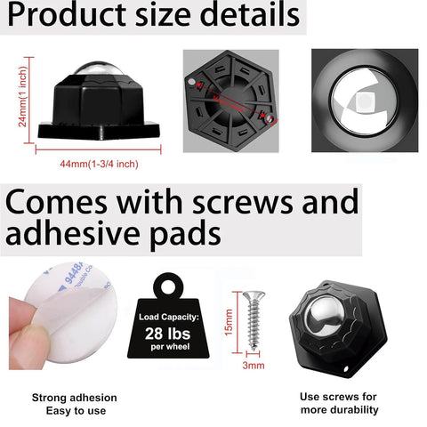 Four black 1-inch heavy-duty self-adhesive swivel caster wheels with screws and pads; size details collage