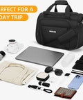 Lightweight Underseat Carry On Bag For Air Travel Tote Weekender Duffle Personal Item That Fits Under Seat For Spirit And Frontier Airlines Ideal For Women And Men Black 16 Inch with travel essentials displayed