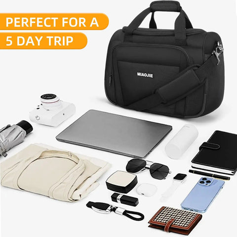 Lightweight Underseat Carry On Bag For Air Travel Tote Weekender Duffle Personal Item That Fits Under Seat For Spirit And Frontier Airlines Ideal For Women And Men Black 16 Inch with travel essentials displayed