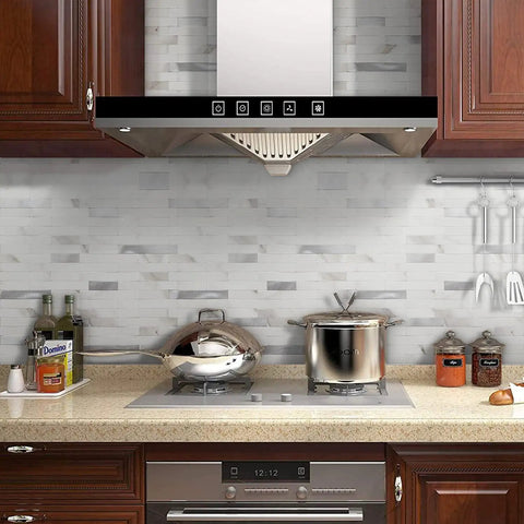 Kitchen with Peel And Stick Backsplash For Kitchen PVC Wall Tiles 10 Sheets Statuario White With Metal Silver, stove view
