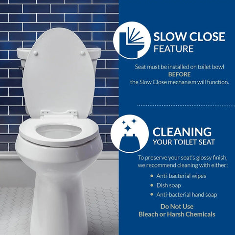 Quiet Slow Close Toilet Seat With No Slip Heavy Duty Wood, Easy Install, Round White displayed on toilet with cleaning tips