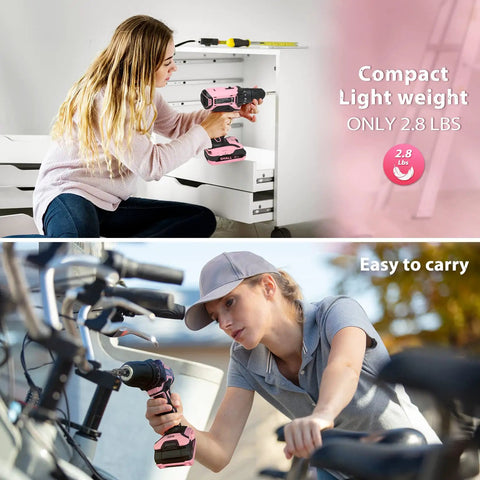 Women using Pink Cordless Drill Driver 20V Kit With 2.0Ah Battery And Fast Charger For Women for DIY projects.