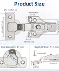 Heavy Duty Soft Close Concealed Cabinet Hinges 10 Pack Partial Overlay 105 Degree 3D Adjustable Clip On Satin Nickel with size details
