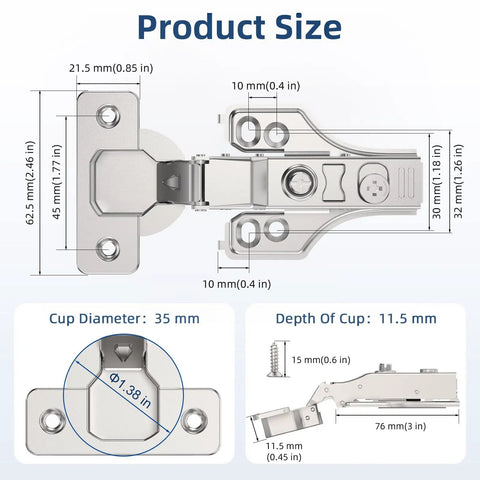 Heavy Duty Soft Close Concealed Cabinet Hinges 10 Pack Partial Overlay 105 Degree 3D Adjustable Clip On Satin Nickel with size details