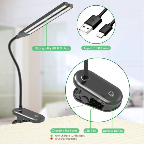 Two Head LED Reading Light With Clip, USB Rechargeable Desk Lamp, 48 LEDs, 2600mAh Battery, flexible neck, Type-C USB