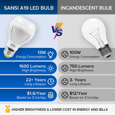 Comparison chart: 6 Pack 100W Equivalent A19 LED Bulbs vs incandescent, highlighting energy savings and brightness differences
