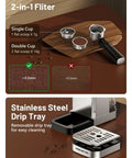 Top Shelf 20 Bar Espresso Machine With Hot And Iced Beverage Options Solid Stainless Steel Coffee Brewer with 2-in-1 filter and drip tray.