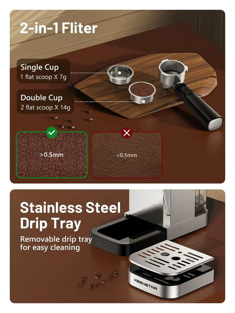 Top Shelf 20 Bar Espresso Machine With Hot And Iced Beverage Options Solid Stainless Steel Coffee Brewer with 2-in-1 filter and drip tray.