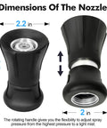 Pair of black plastic garden hose nozzles with metal threaded fittings; front and side views with dimensions.