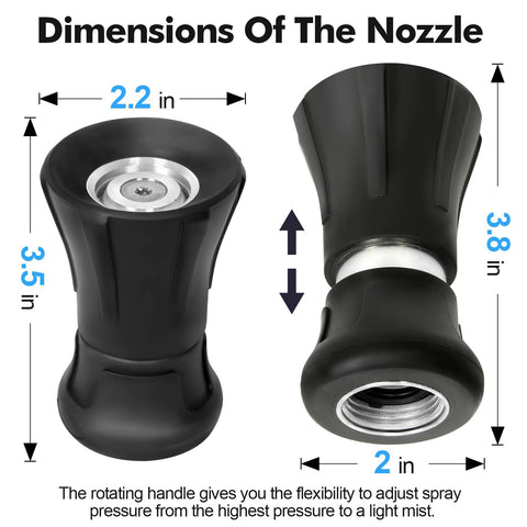 Pair of black plastic garden hose nozzles with metal threaded fittings; front and side views with dimensions.