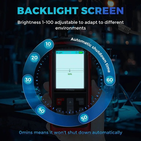 Image of Water PH Meter With Real Time PH Temperature And Voltage Readings showing backlight screen and shutdown timer settings.