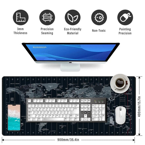 World Map XXL Mouse Pad 35.4 By 15.7 Inch With Non Slip Rubber Base And Stitched Edges Beast Desk Mat for keyboard and mouse