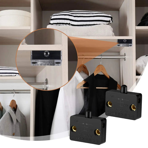 Badass Cabinet Door Switches For Closet Light With Auto Magnetic Trigger 8 Pack Easy Peasy Mounting Kit on wardrobe shelf.
