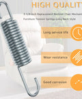 Straight Up Heavy Duty Replacement Recliner Chair Tension Springs With Long Neck Hook Style And Forty Five Degree Bend, Hella Durable Galvanized Steel Wire For Quick Furniture Mechanism Repair, Pack Of Two, close-up view of spring.