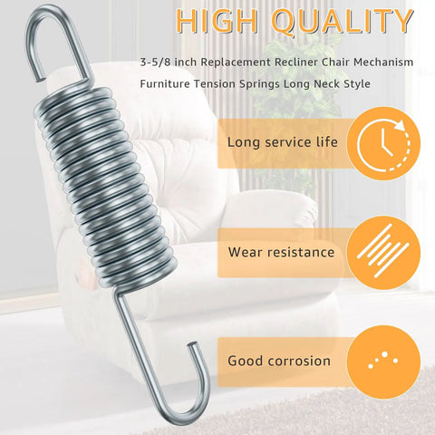 Straight Up Heavy Duty Replacement Recliner Chair Tension Springs With Long Neck Hook Style And Forty Five Degree Bend, Hella Durable Galvanized Steel Wire For Quick Furniture Mechanism Repair, Pack Of Two, close-up view of spring.